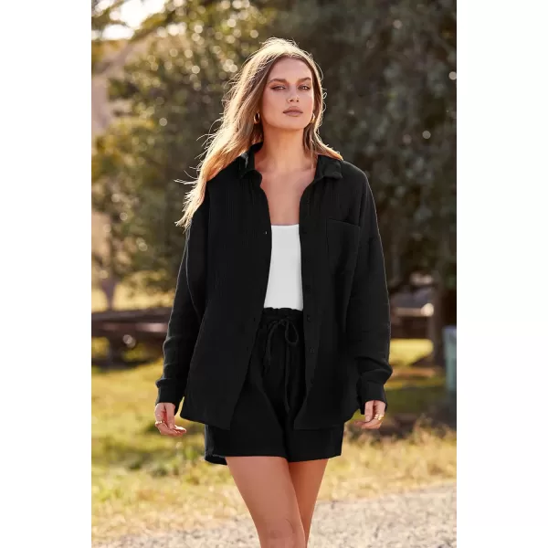 imagePRETTYGARDEN Womens 2 Piece Tracksuit Outfit Long Sleeve Blouse High Waisted Drawstring Shorts Loungewear SetBlack