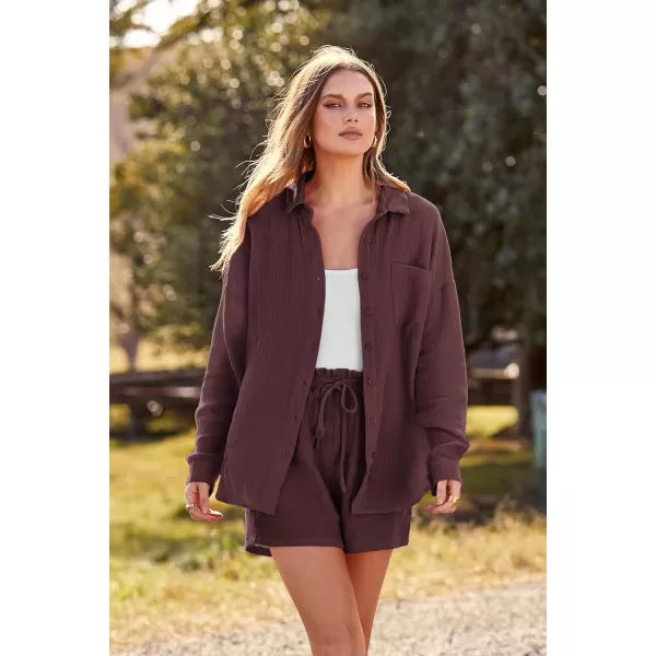 imagePRETTYGARDEN Womens 2 Piece Tracksuit Outfit Long Sleeve Blouse High Waisted Drawstring Shorts Loungewear SetBrown