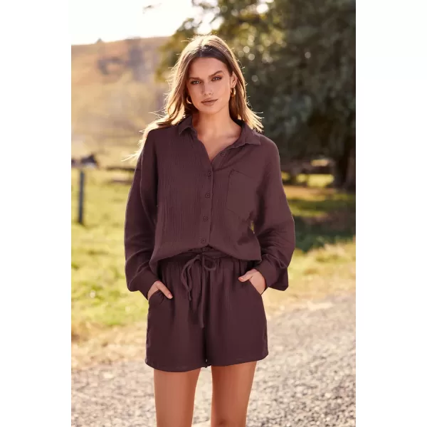 imagePRETTYGARDEN Womens 2 Piece Tracksuit Outfit Long Sleeve Blouse High Waisted Drawstring Shorts Loungewear SetBrown