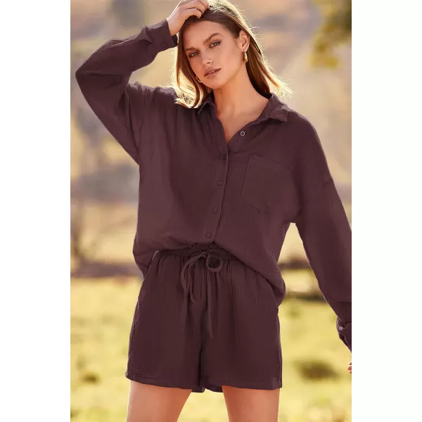 imagePRETTYGARDEN Womens 2 Piece Tracksuit Outfit Long Sleeve Blouse High Waisted Drawstring Shorts Loungewear SetBrown