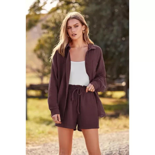 imagePRETTYGARDEN Womens 2 Piece Tracksuit Outfit Long Sleeve Blouse High Waisted Drawstring Shorts Loungewear SetBrown