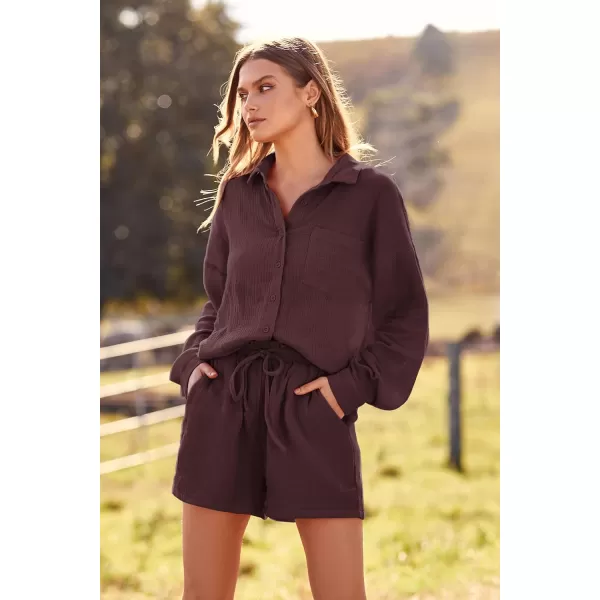 imagePRETTYGARDEN Womens 2 Piece Tracksuit Outfit Long Sleeve Blouse High Waisted Drawstring Shorts Loungewear SetBrown