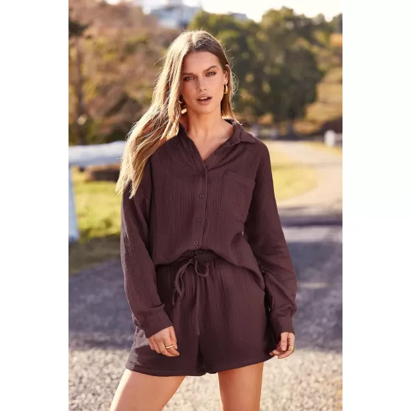 imagePRETTYGARDEN Womens 2 Piece Tracksuit Outfit Long Sleeve Blouse High Waisted Drawstring Shorts Loungewear SetBrown