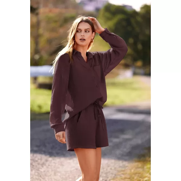 imagePRETTYGARDEN Womens 2 Piece Tracksuit Outfit Long Sleeve Blouse High Waisted Drawstring Shorts Loungewear SetBrown