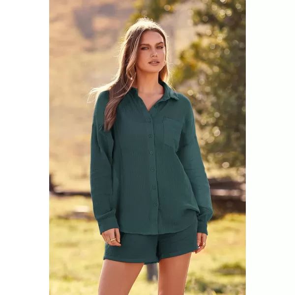 imagePRETTYGARDEN Womens 2 Piece Tracksuit Outfit Long Sleeve Blouse High Waisted Drawstring Shorts Loungewear SetGreen