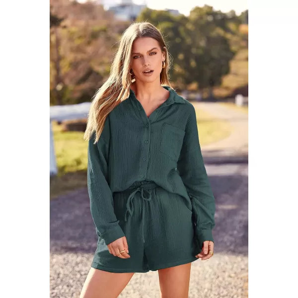 imagePRETTYGARDEN Womens 2 Piece Tracksuit Outfit Long Sleeve Blouse High Waisted Drawstring Shorts Loungewear SetGreen