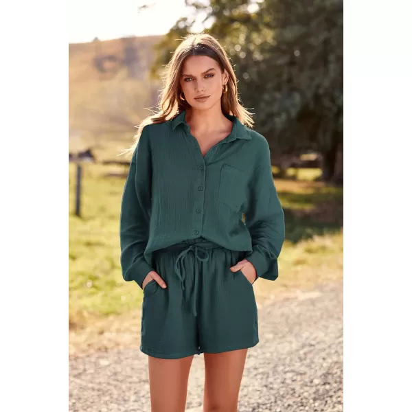 imagePRETTYGARDEN Womens 2 Piece Tracksuit Outfit Long Sleeve Blouse High Waisted Drawstring Shorts Loungewear SetGreen