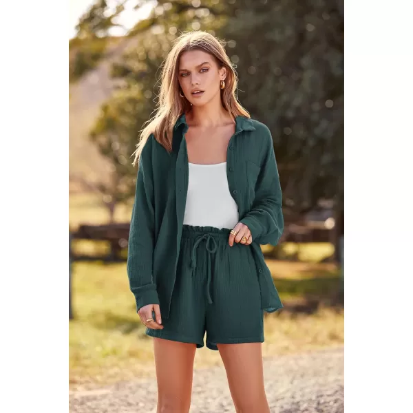 imagePRETTYGARDEN Womens 2 Piece Tracksuit Outfit Long Sleeve Blouse High Waisted Drawstring Shorts Loungewear SetGreen
