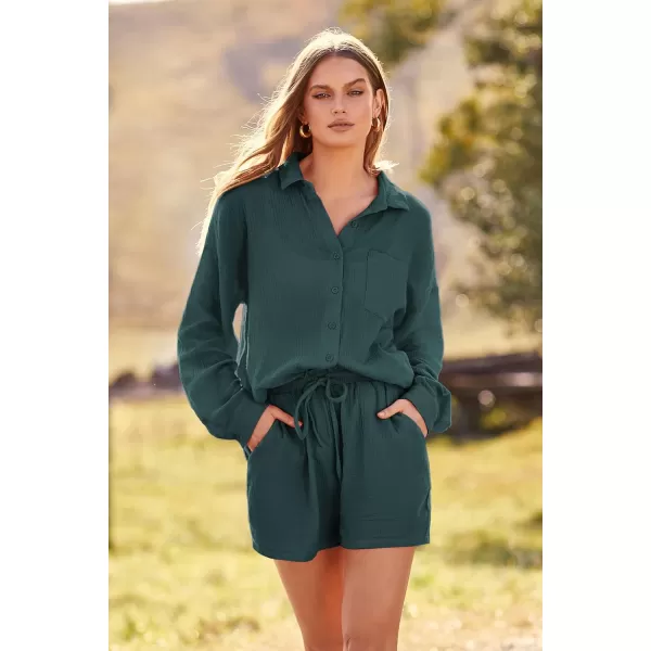 imagePRETTYGARDEN Womens 2 Piece Tracksuit Outfit Long Sleeve Blouse High Waisted Drawstring Shorts Loungewear SetGreen