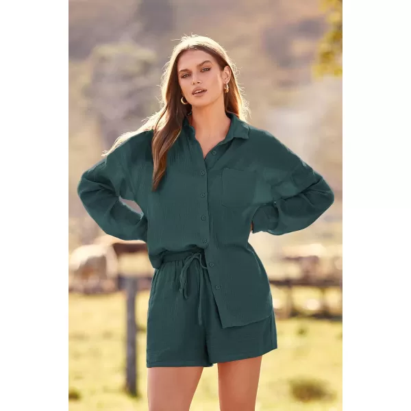 imagePRETTYGARDEN Womens 2 Piece Tracksuit Outfit Long Sleeve Blouse High Waisted Drawstring Shorts Loungewear SetGreen