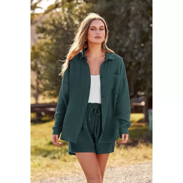 imagePRETTYGARDEN Womens 2 Piece Tracksuit Outfit Long Sleeve Blouse High Waisted Drawstring Shorts Loungewear SetGreen