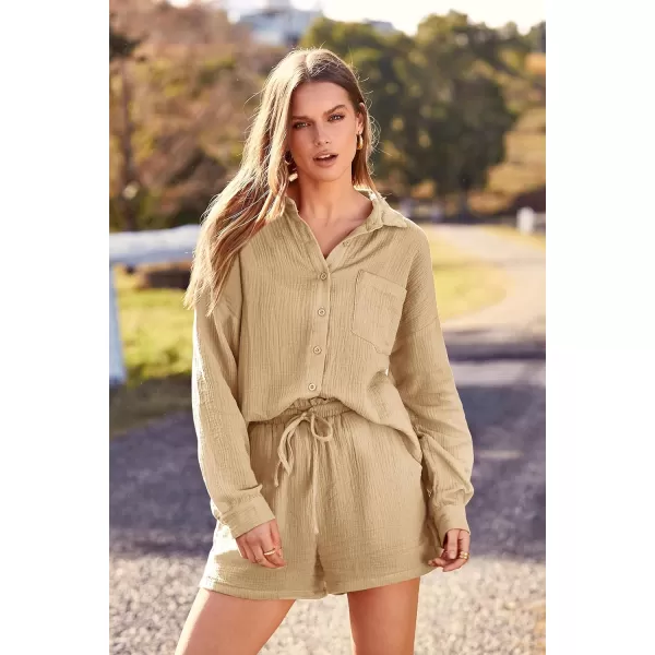 imagePRETTYGARDEN Womens 2 Piece Tracksuit Outfit Long Sleeve Blouse High Waisted Drawstring Shorts Loungewear SetKhaki