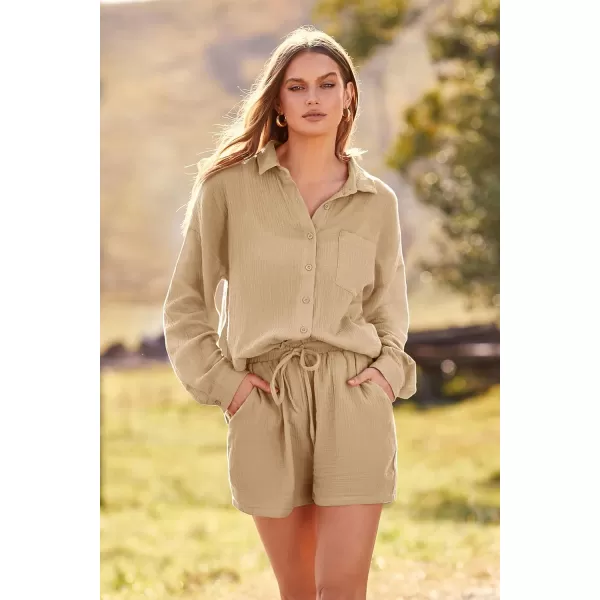 imagePRETTYGARDEN Womens 2 Piece Tracksuit Outfit Long Sleeve Blouse High Waisted Drawstring Shorts Loungewear SetKhaki