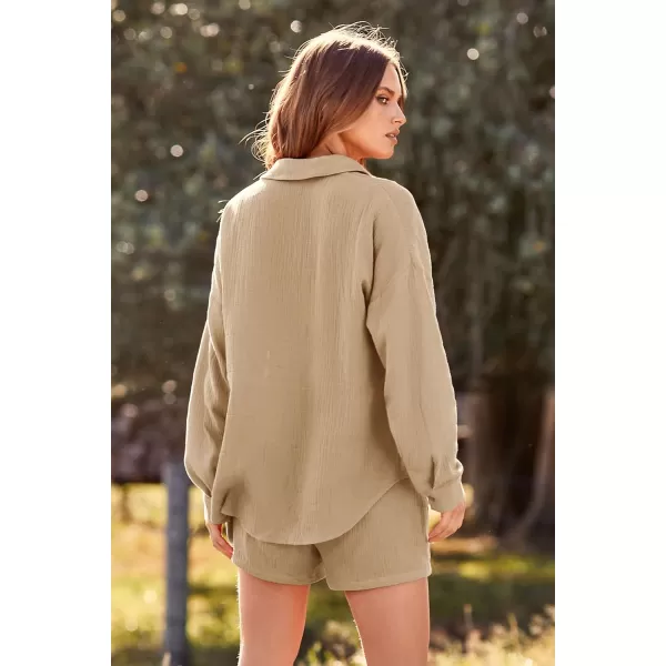 imagePRETTYGARDEN Womens 2 Piece Tracksuit Outfit Long Sleeve Blouse High Waisted Drawstring Shorts Loungewear SetKhaki