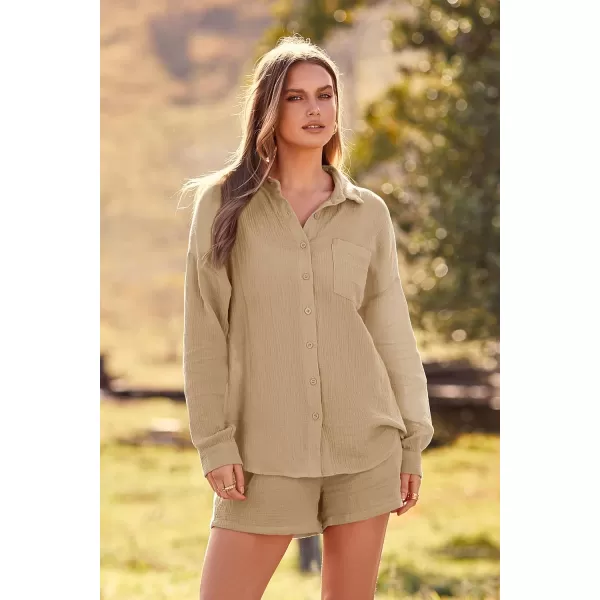imagePRETTYGARDEN Womens 2 Piece Tracksuit Outfit Long Sleeve Blouse High Waisted Drawstring Shorts Loungewear SetKhaki