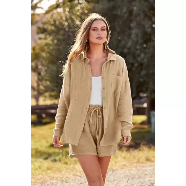 imagePRETTYGARDEN Womens 2 Piece Tracksuit Outfit Long Sleeve Blouse High Waisted Drawstring Shorts Loungewear SetKhaki