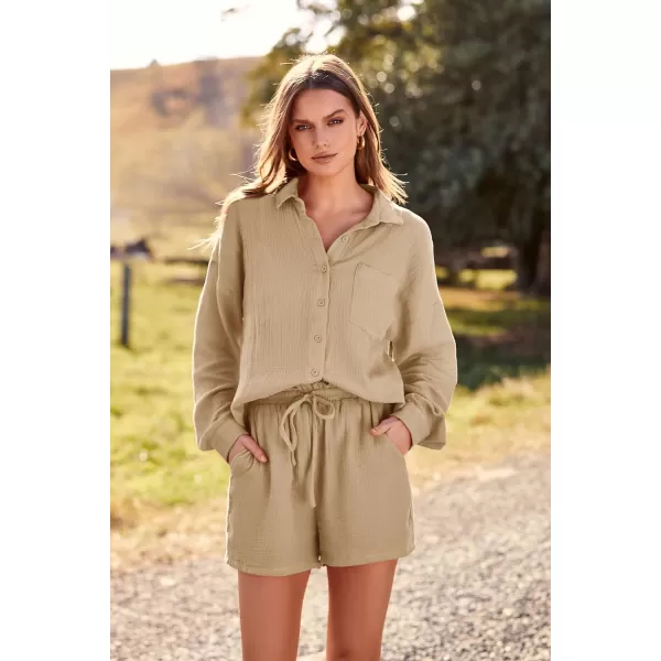 imagePRETTYGARDEN Womens 2 Piece Tracksuit Outfit Long Sleeve Blouse High Waisted Drawstring Shorts Loungewear SetKhaki