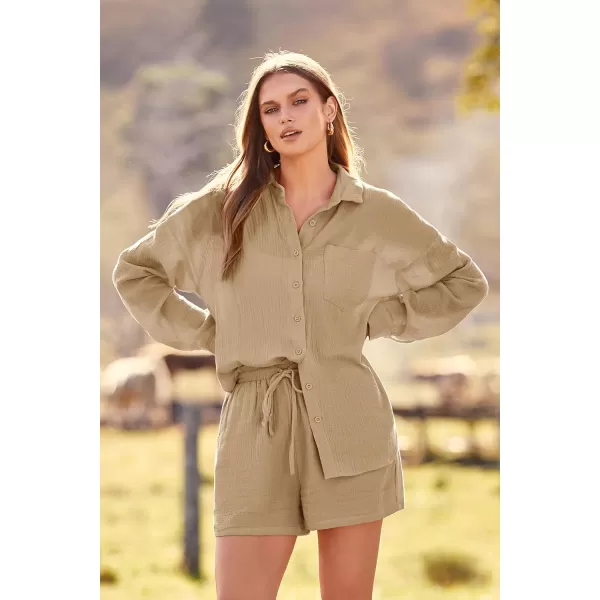 imagePRETTYGARDEN Womens 2 Piece Tracksuit Outfit Long Sleeve Blouse High Waisted Drawstring Shorts Loungewear SetKhaki