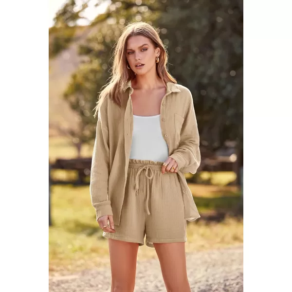 imagePRETTYGARDEN Womens 2 Piece Tracksuit Outfit Long Sleeve Blouse High Waisted Drawstring Shorts Loungewear SetKhaki