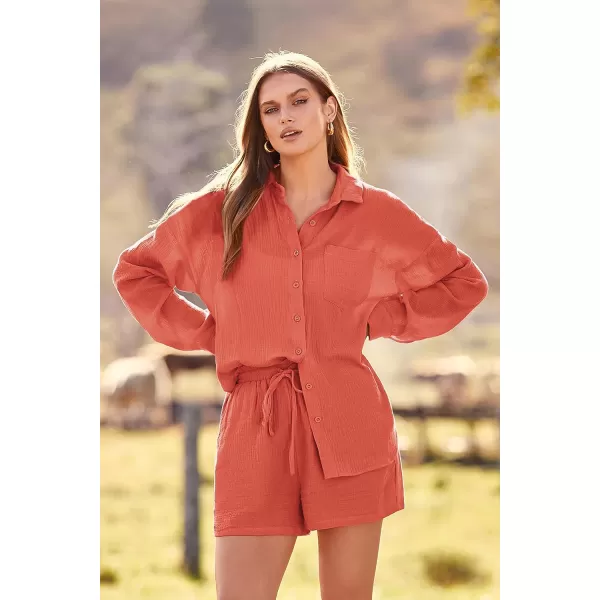 imagePRETTYGARDEN Womens 2 Piece Tracksuit Outfit Long Sleeve Blouse High Waisted Drawstring Shorts Loungewear SetOrange