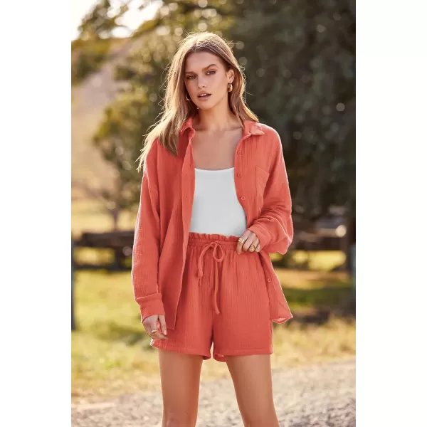 imagePRETTYGARDEN Womens 2 Piece Tracksuit Outfit Long Sleeve Blouse High Waisted Drawstring Shorts Loungewear SetOrange