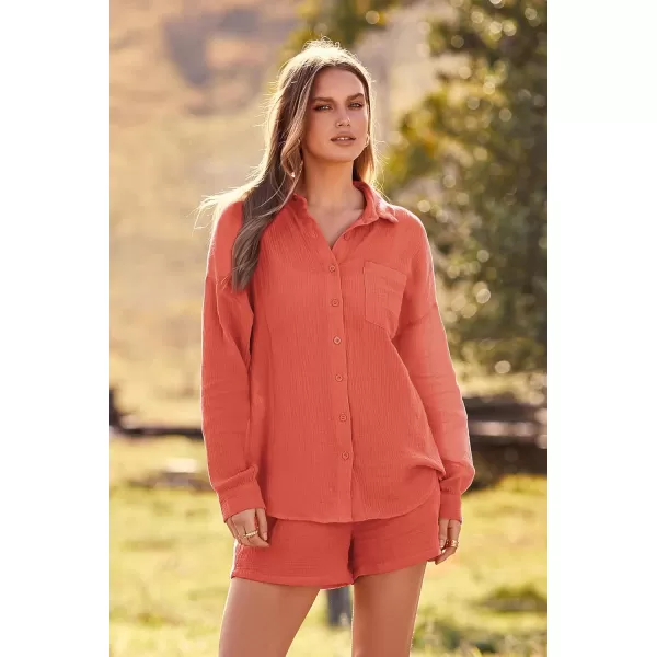 imagePRETTYGARDEN Womens 2 Piece Tracksuit Outfit Long Sleeve Blouse High Waisted Drawstring Shorts Loungewear SetOrange
