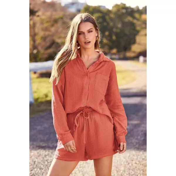 imagePRETTYGARDEN Womens 2 Piece Tracksuit Outfit Long Sleeve Blouse High Waisted Drawstring Shorts Loungewear SetOrange