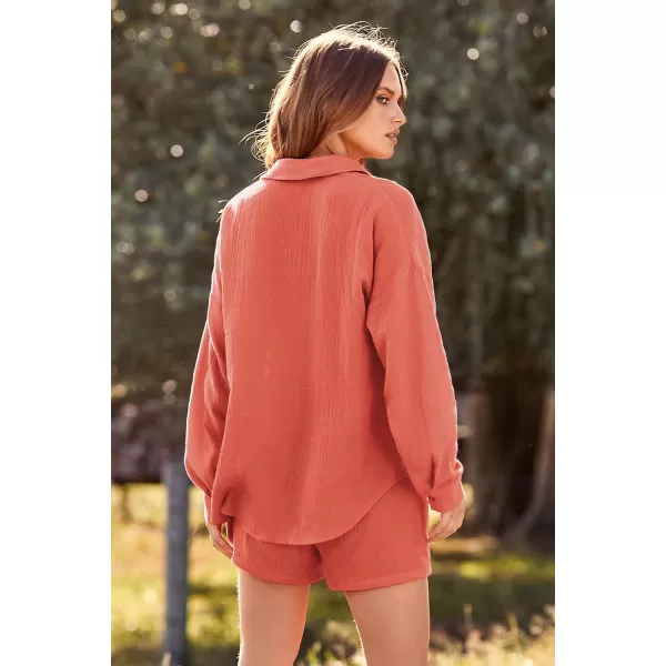imagePRETTYGARDEN Womens 2 Piece Tracksuit Outfit Long Sleeve Blouse High Waisted Drawstring Shorts Loungewear SetOrange