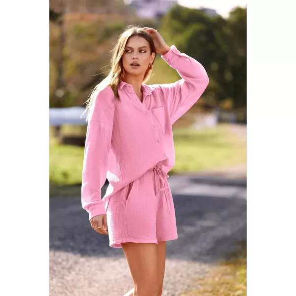 imagePRETTYGARDEN Womens 2 Piece Tracksuit Outfit Long Sleeve Blouse High Waisted Drawstring Shorts Loungewear SetPink