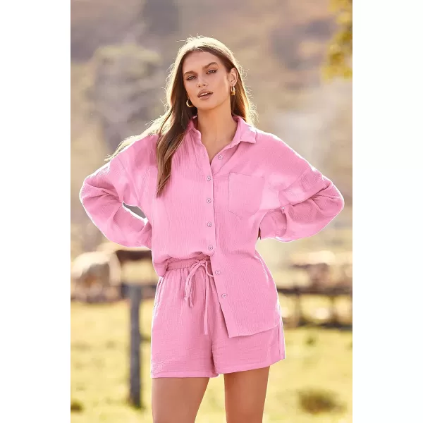 imagePRETTYGARDEN Womens 2 Piece Tracksuit Outfit Long Sleeve Blouse High Waisted Drawstring Shorts Loungewear SetPink