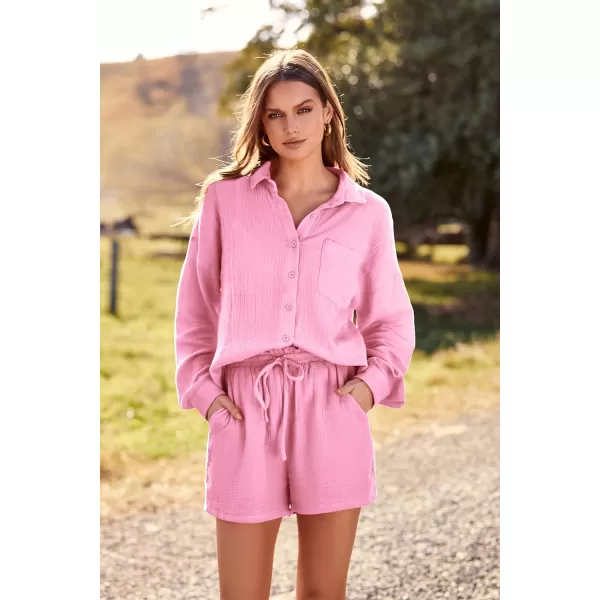 imagePRETTYGARDEN Womens 2 Piece Tracksuit Outfit Long Sleeve Blouse High Waisted Drawstring Shorts Loungewear SetPink