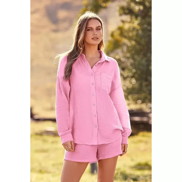 imagePRETTYGARDEN Womens 2 Piece Tracksuit Outfit Long Sleeve Blouse High Waisted Drawstring Shorts Loungewear SetPink