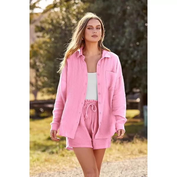 imagePRETTYGARDEN Womens 2 Piece Tracksuit Outfit Long Sleeve Blouse High Waisted Drawstring Shorts Loungewear SetPink