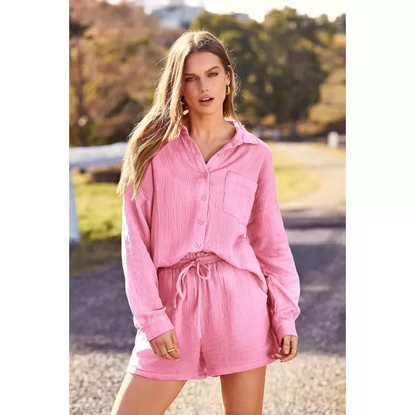 imagePRETTYGARDEN Womens 2 Piece Tracksuit Outfit Long Sleeve Blouse High Waisted Drawstring Shorts Loungewear SetPink