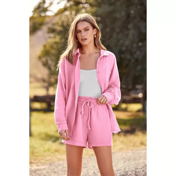imagePRETTYGARDEN Womens 2 Piece Tracksuit Outfit Long Sleeve Blouse High Waisted Drawstring Shorts Loungewear SetPink