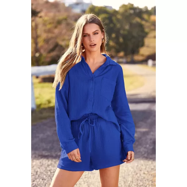imagePRETTYGARDEN Womens 2 Piece Tracksuit Outfit Long Sleeve Blouse High Waisted Drawstring Shorts Loungewear SetRoyal Blue