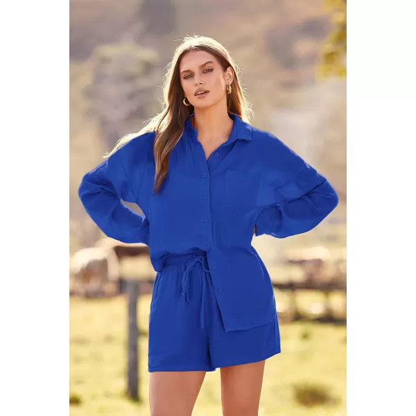imagePRETTYGARDEN Womens 2 Piece Tracksuit Outfit Long Sleeve Blouse High Waisted Drawstring Shorts Loungewear SetRoyal Blue