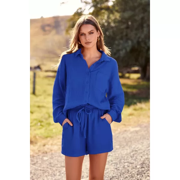 imagePRETTYGARDEN Womens 2 Piece Tracksuit Outfit Long Sleeve Blouse High Waisted Drawstring Shorts Loungewear SetRoyal Blue