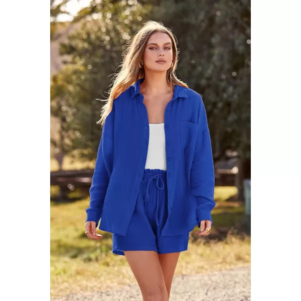 imagePRETTYGARDEN Womens 2 Piece Tracksuit Outfit Long Sleeve Blouse High Waisted Drawstring Shorts Loungewear SetRoyal Blue