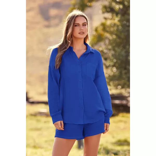 imagePRETTYGARDEN Womens 2 Piece Tracksuit Outfit Long Sleeve Blouse High Waisted Drawstring Shorts Loungewear SetRoyal Blue