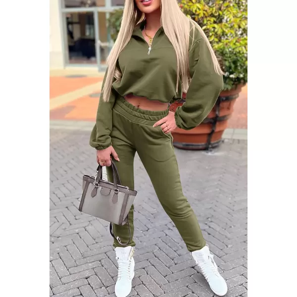imagePRETTYGARDEN Womens 2 Piece Tracksuit Outfit Long Sleeve Zip Up Sweatshirt High Waist Jogger Sweatpants SetArmy Green