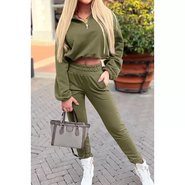 imagePRETTYGARDEN Womens 2 Piece Tracksuit Outfit Long Sleeve Zip Up Sweatshirt High Waist Jogger Sweatpants SetArmy Green