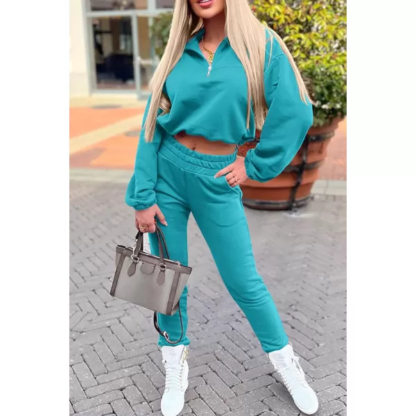 imagePRETTYGARDEN Womens 2 Piece Tracksuit Outfit Long Sleeve Zip Up Sweatshirt High Waist Jogger Sweatpants SetBlue Green