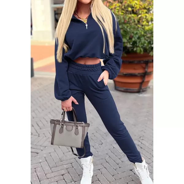 imagePRETTYGARDEN Womens 2 Piece Tracksuit Outfit Long Sleeve Zip Up Sweatshirt High Waist Jogger Sweatpants SetDark Blue