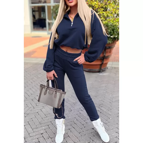 imagePRETTYGARDEN Womens 2 Piece Tracksuit Outfit Long Sleeve Zip Up Sweatshirt High Waist Jogger Sweatpants SetDark Blue