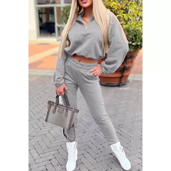 imagePRETTYGARDEN Womens 2 Piece Tracksuit Outfit Long Sleeve Zip Up Sweatshirt High Waist Jogger Sweatpants SetGrey