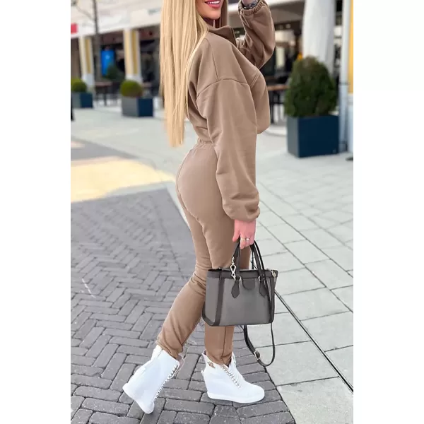 imagePRETTYGARDEN Womens 2 Piece Tracksuit Outfit Long Sleeve Zip Up Sweatshirt High Waist Jogger Sweatpants SetKhaki
