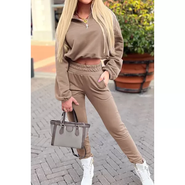 imagePRETTYGARDEN Womens 2 Piece Tracksuit Outfit Long Sleeve Zip Up Sweatshirt High Waist Jogger Sweatpants SetKhaki