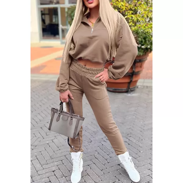 imagePRETTYGARDEN Womens 2 Piece Tracksuit Outfit Long Sleeve Zip Up Sweatshirt High Waist Jogger Sweatpants SetKhaki