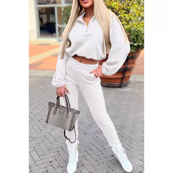 imagePRETTYGARDEN Womens 2 Piece Tracksuit Outfit Long Sleeve Zip Up Sweatshirt High Waist Jogger Sweatpants SetWhite